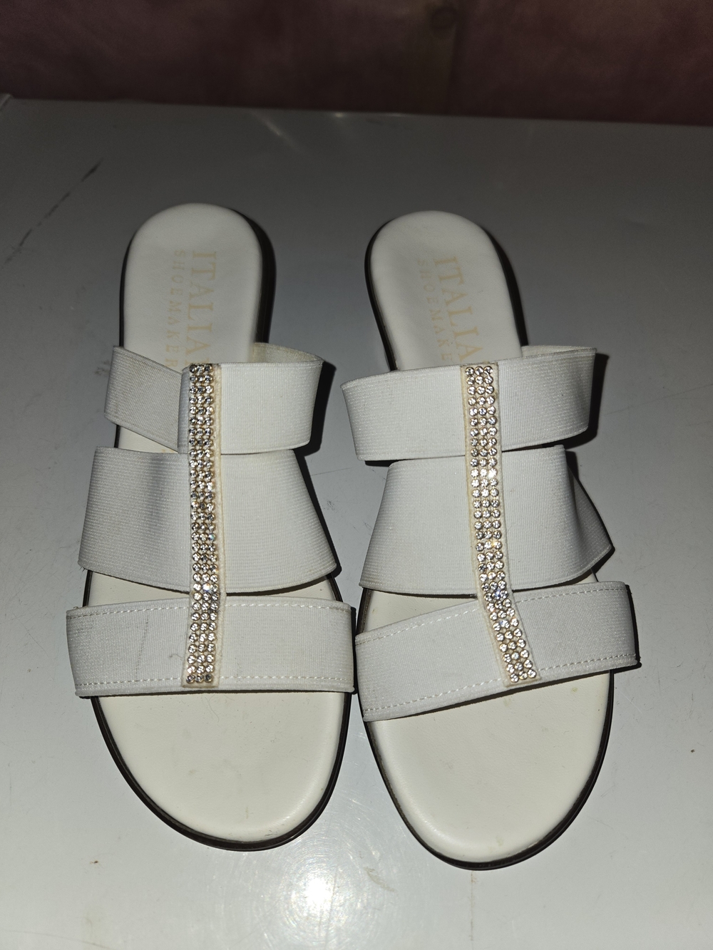 Italian Shoemakers Women's White Crystal-Trim Slide Sandals